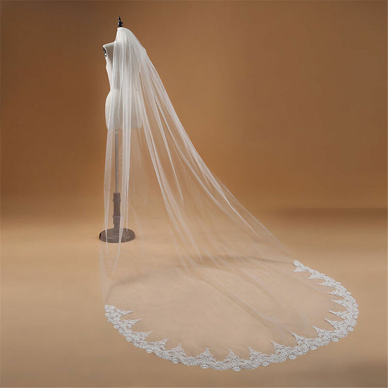 Voile Mariage 3 M Een Layer Lace Edge Wit Ivoor Kathedraal Wedding Veil Lange Bridal Goedkope Vrouwen Accessoires