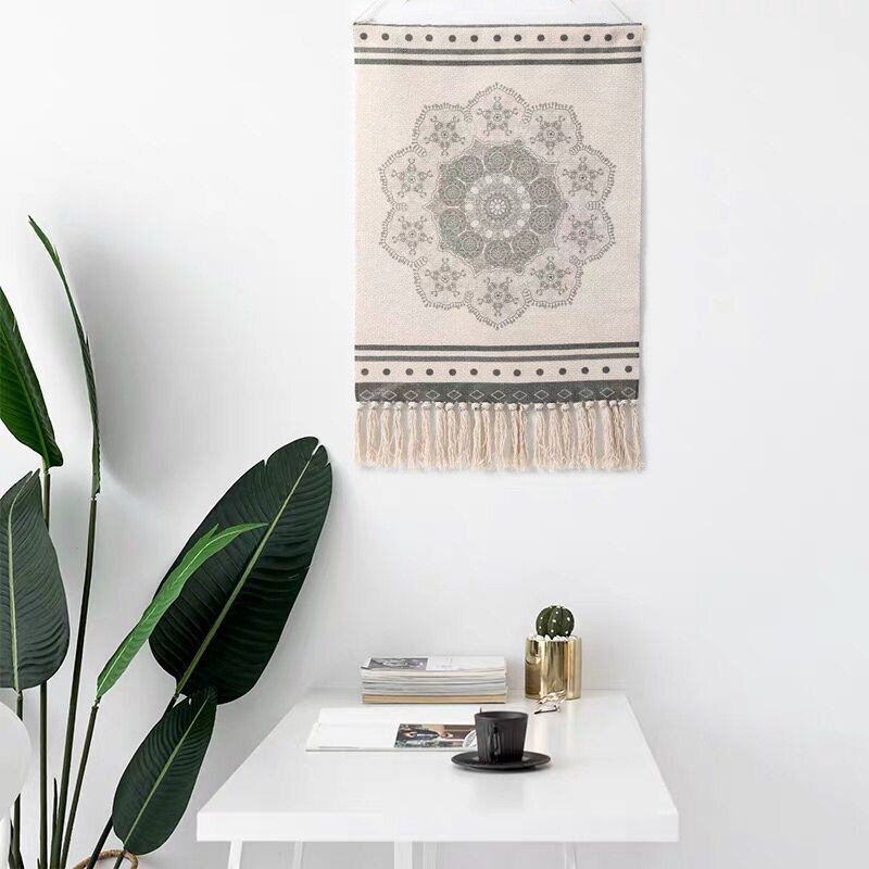 Tapeçaria com borlas drapeado em estilo nórdico boêmio handwoven para decorar a sala e sala de estar fotografia adereços