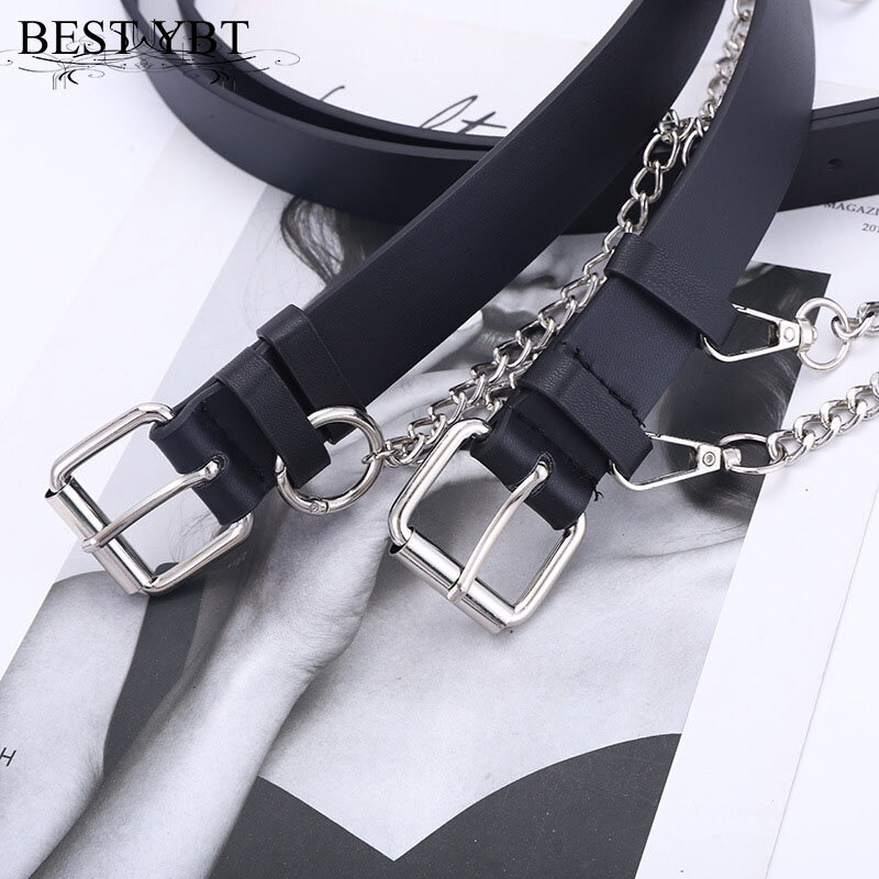 Best YBT-Cinturón de imitación de cuero para mujer, cinturón de aleación con hebilla de Pin, cadena colgante de estilo Punk, cinturón decorativo para vaqueros a la moda