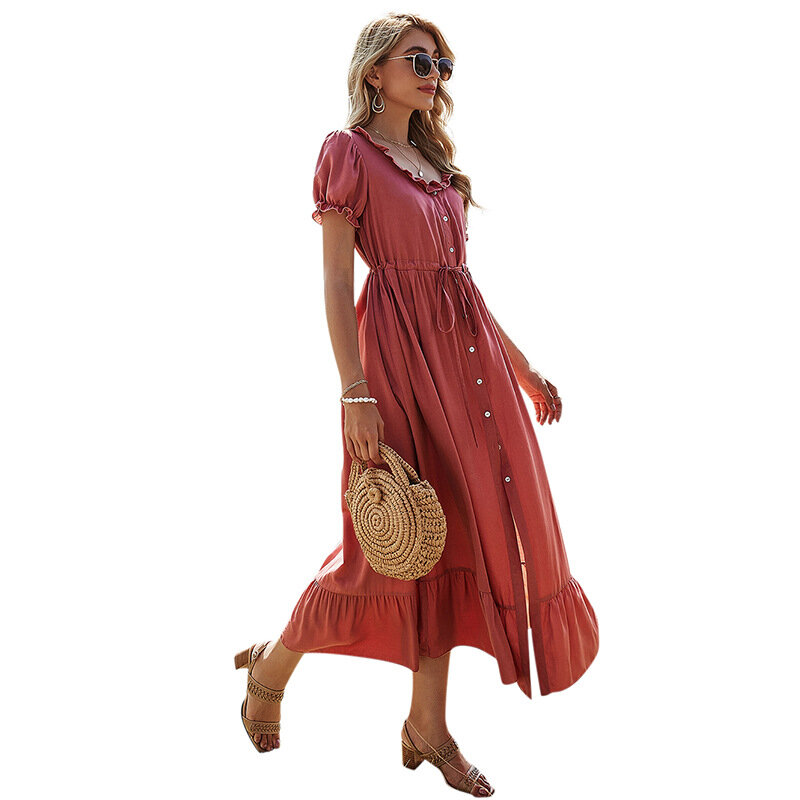 Женское однобортное пляжное платье, привлекательное однотонное платье с разрезом, круглым вырезом и высокой талией, праздничное пляжное платье, лето 2021