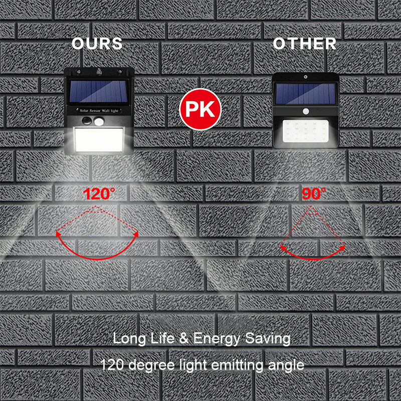 Luz solar recargable para exteriores, resistente al agua, 20, 38, 48, 60 y 96 LED, sensor de movimiento PIR, lampara solar de seguridad de pared para emergencias