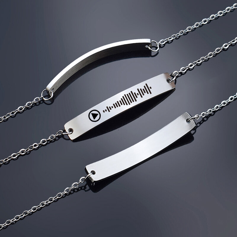 Pulseira personalizada com código musical, bracelete de aço inoxidável com berloque de nome e texto gravado, presente de aniversário