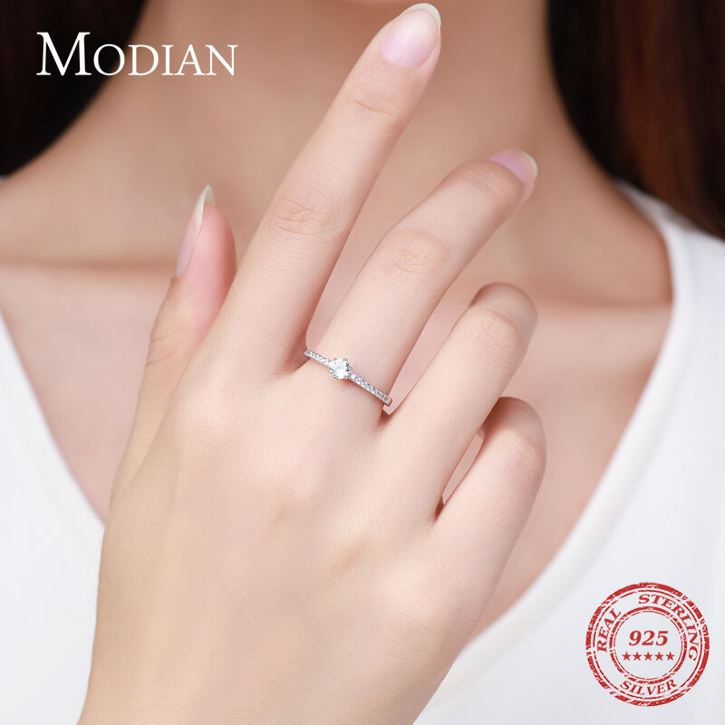 Modian Solid 925 Sterling Silver Simple Round Clear CZ Finger Rings For Women & Girls Cassic Wedding Statement Fine Jewelry Gift