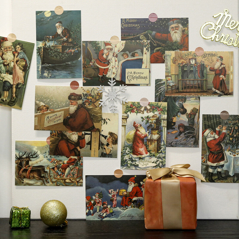 Cartões Postais da Série de Natal Ins Nordic Vintage Papai Noel, Cartão Decorativo, Decoração DIY, Adesivos de parede, Adereços Fotográficos, 30 Folhas