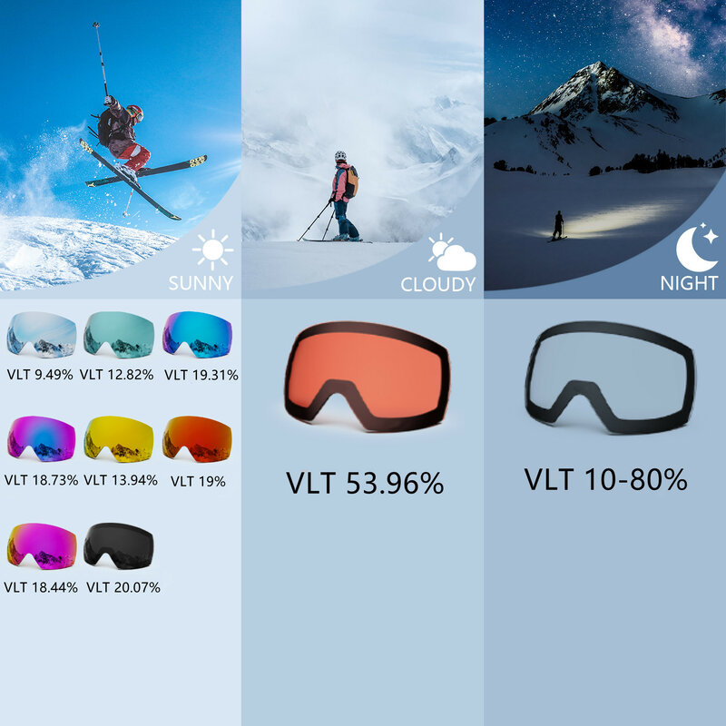 MAXJULI Kacamata Ski Magnetik Profesional Lensa Lapisan Ganda Anti-kabut UV400 Kacamata Ski Papan Salju untuk Pria Wanita M6