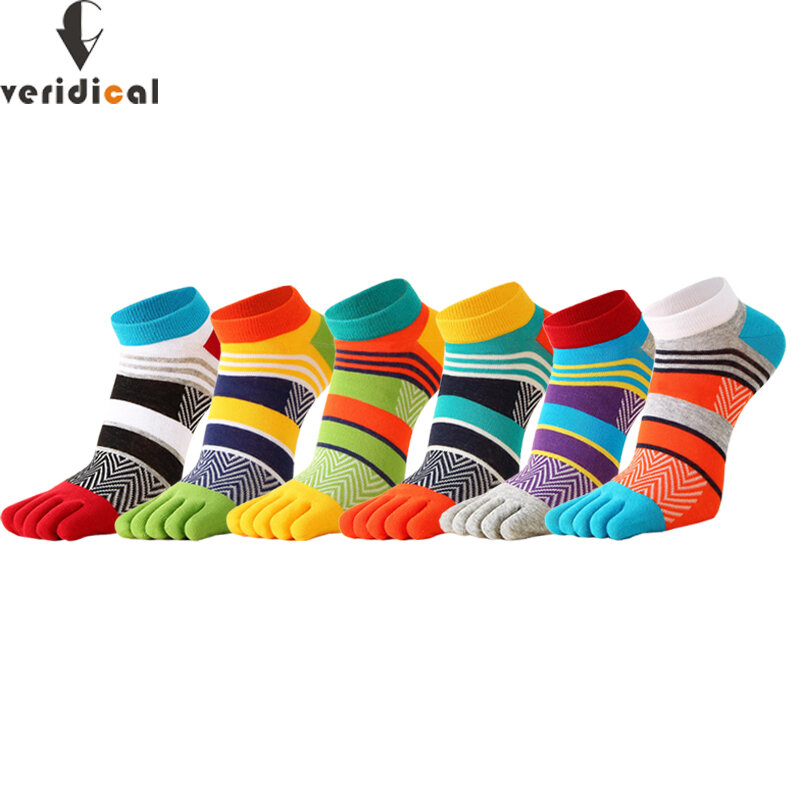 Носки мужские до щиколотки с пятью пальцами, дышащие хлопковые полосатые сетчатые носки в стиле пэчворк, модные носки с закрытыми пальцами, яркие цвета