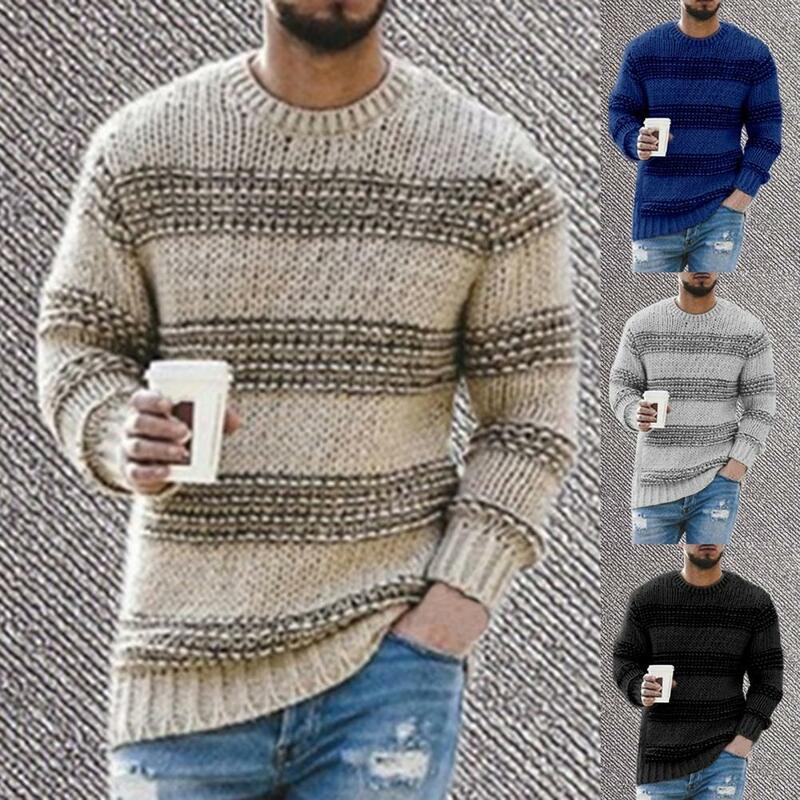 Long Sleeve Men Sweater Striped Print Casual O Neck Stretchy Knitted Pullover Sweater Streetwear