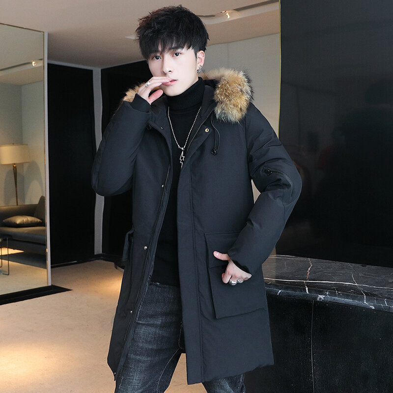 Jaket Katun Mode Korea Menengah dan Panjang Tampan Baru Mantel Kasual Pria Tebal Berkerudung Pemuda Musim Dingin Yang Hangat