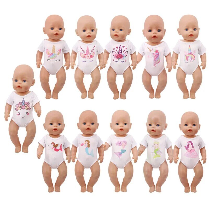 A mais recente boneca roupas sereia unicórnio impressão camiseta 43cm recém nascido renascer 18 Polegada boneca americana do bebê nossa geração