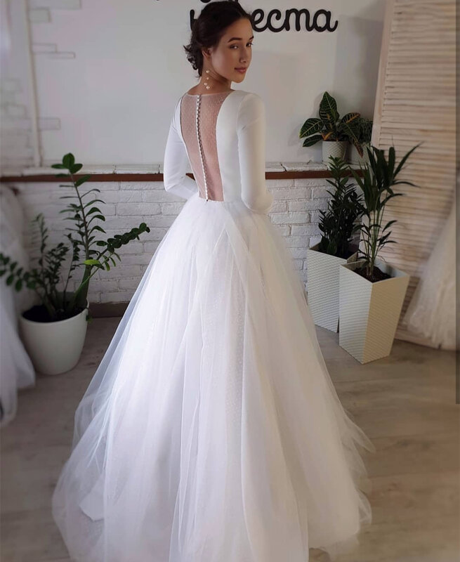 Vestido de casamento para petite feminino manga longa cetim colher a linha sem costas branco vestidos de noiva alta qualidade simples robe de mariee
