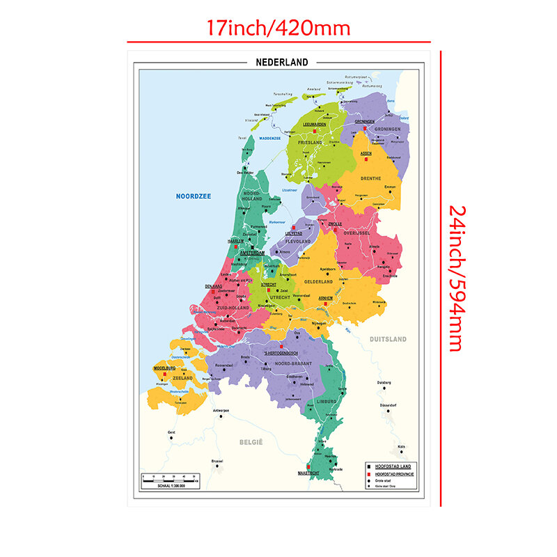 Póster de lienzo del mapa s de los Países Bajos, pintura de pared, decoración del hogar en holandés, educación para niños, suministros escolares, 42x59cm