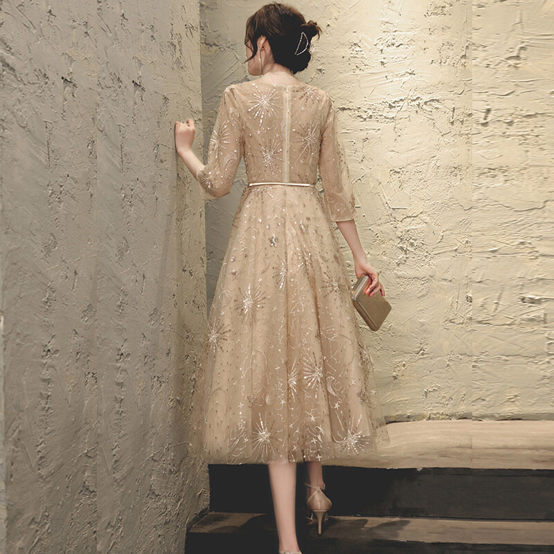 한국 스타일 공식 이브닝 드레스, 여성용 o넥 스팽글 티 길이 아플리케, 하프 슬리브 부드러운 연예인 드레스