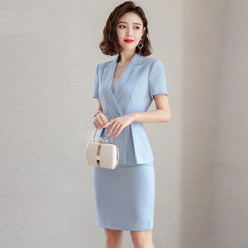Falda de manga corta para mujer, conjunto de dos piezas de falda, uniforme de trabajo de negocios, a la moda, novedad de verano, DD2793