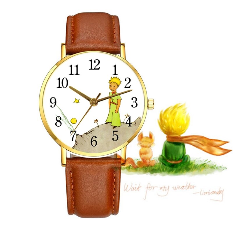 Reloj de cuarzo con correa de cuero para niños, cronógrafo de dibujos animados, color marrón y dorado, a la moda, el Principito