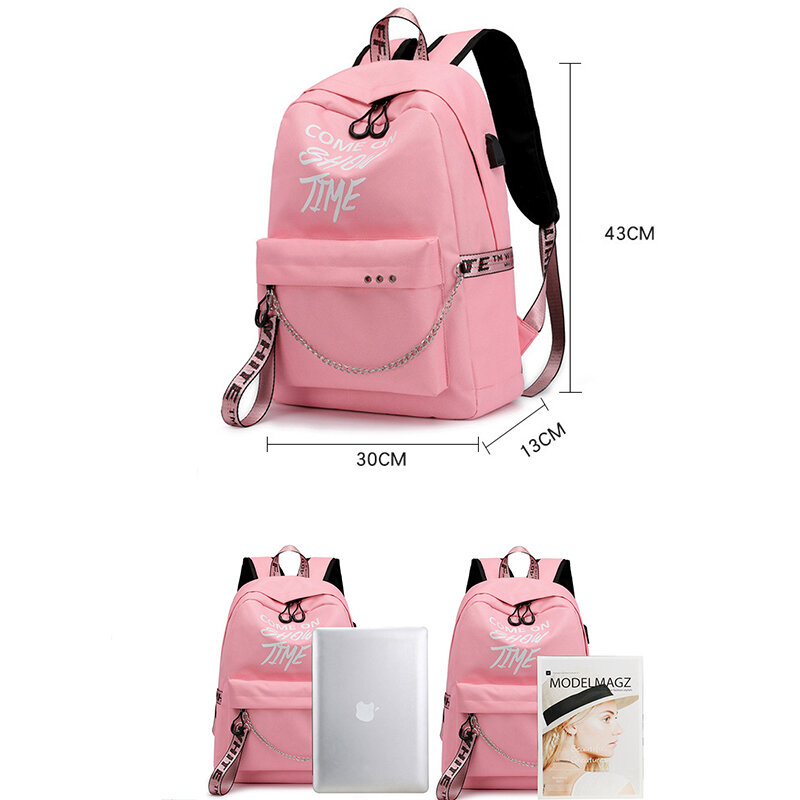 New USB Charging Luminous Chain Nylon female book bag backpack schoolbag school bag travel pack women for teenage teenagers girl