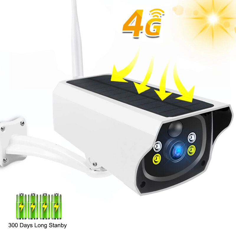 Caméra de surveillance solaire IP 1080P 4G LTE, avec panneau solaire Rechargeable, carte Sim et Vision nocturne claire, étanche, alarme PIR