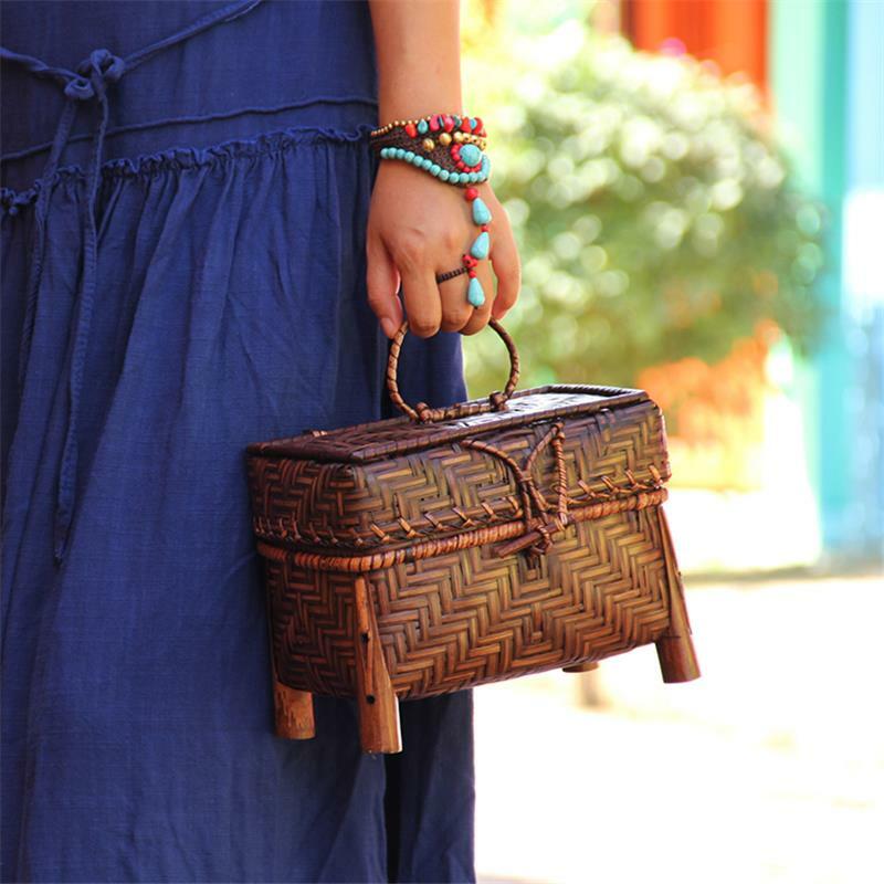 女性用竹製手織りミニバッグ,タイ,装飾,ティーセット,オリジナル,レトロスタイル,a6106,22x13cm