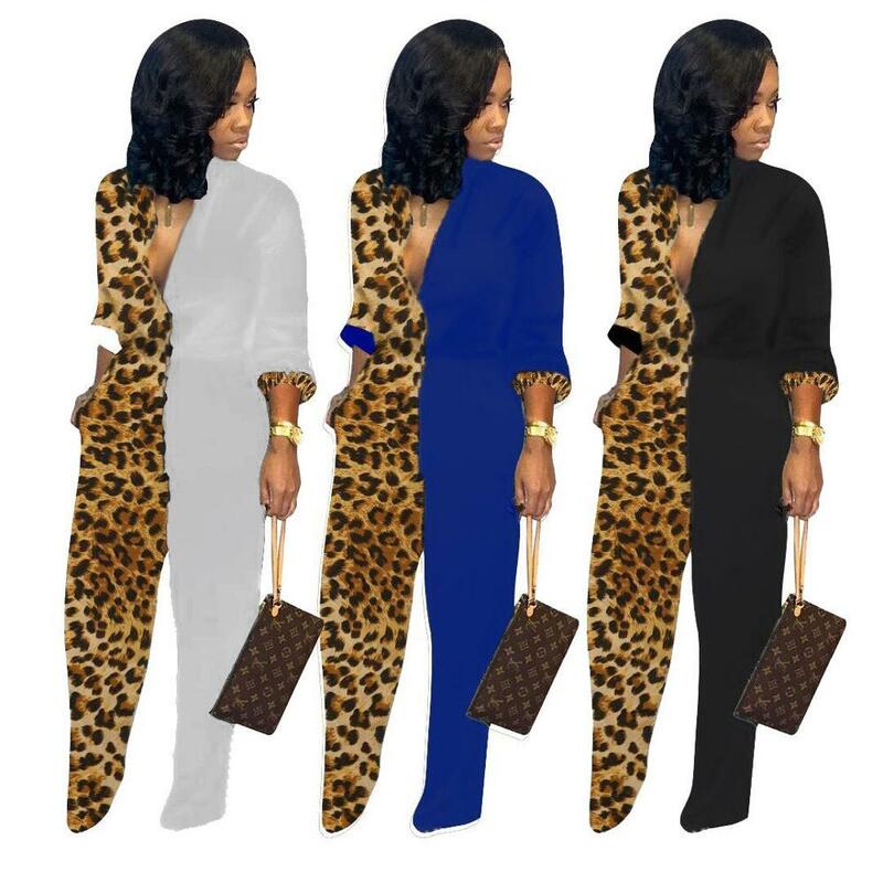 Bkld macacão feminino estampado de leopardo, macacões e macacões para mulheres, vestuário solto de manga comprida com decote em v sexy e da moda