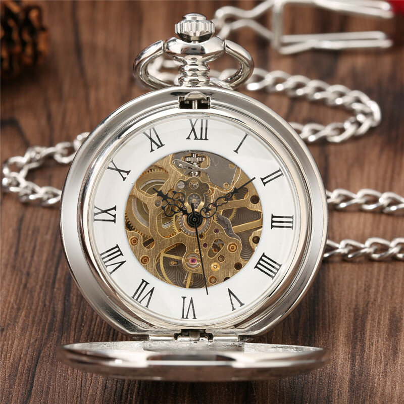 스팀펑크 실버 핸드와인딩 기계식 포켓 시계, 더블 헌터 로마 번호 다이얼 펜던트 체인, Reloj