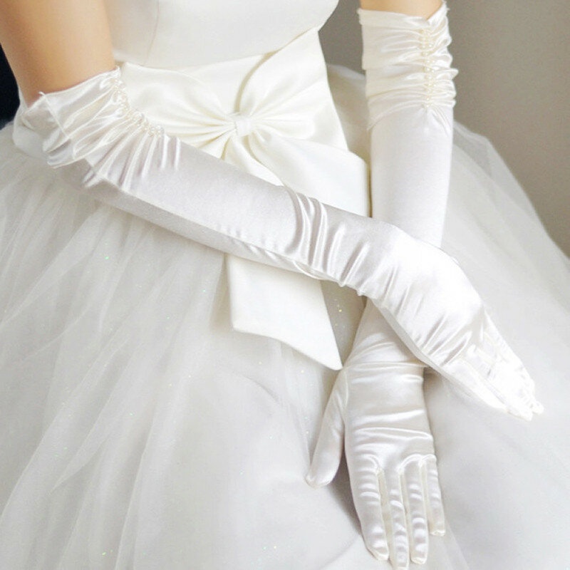 1 par noiva nupcial luvas de casamento vermelho preto branco marfim longo frisado cetim elegante para mulher dedo gants mariage luvas de nova