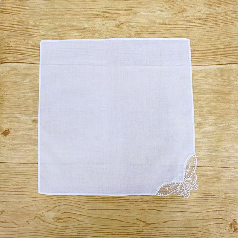 28x28cm Women Plain White Square Handkerchiefs Crochet Butterfly Lace Corner Bridal Wedding DIY Cotton Napkin Pocket Hanky Towel