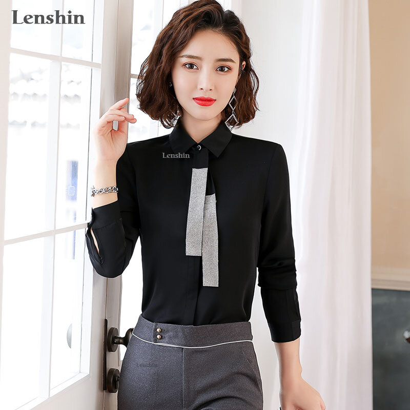 Lenshin Patchwork tie Shirts for Women Loose Blouse Fashion Work Wear Office Lady Female Tops Chemise Loose style