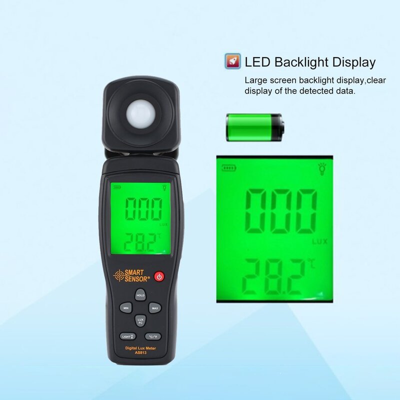 Inteligente senor as813 digital luxmeter medidor de luz lux/fc medidor luminômetro 100,000 lux espectrofotômetro
