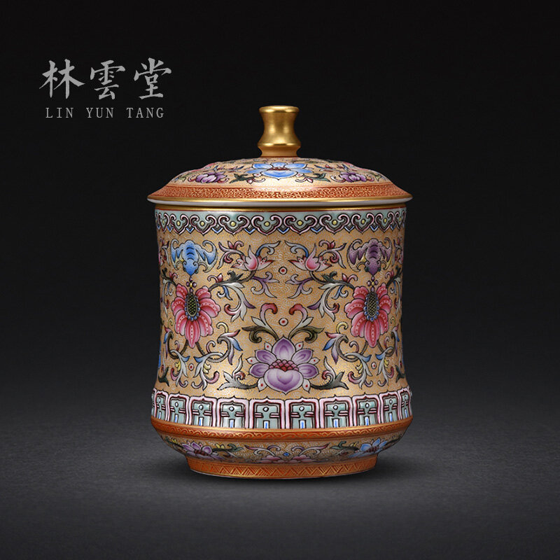 Jingdezhen-taza de té de cerámica con tapa, rama del Tesoro pintada a mano, esmalte de colores, para oficina, taza con tapa