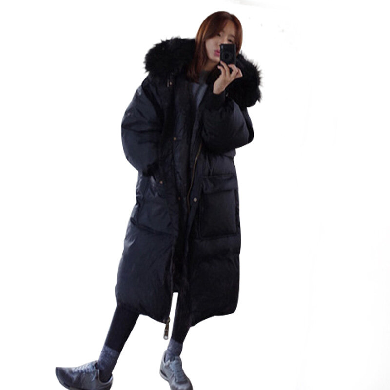 큰 모피 칼라 화이트 오리털 후드 파카 푸퍼 자켓 및 코트 여성용, 따뜻한, 두꺼운, 겨울