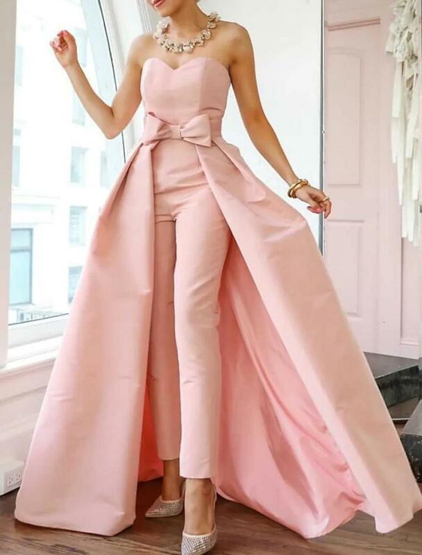 Rosa Overalls Abendkleider formelle Anlass Kleider schönen Rücken sexy Verlobung Schatz ärmellose abnehmbare Bogen Zug