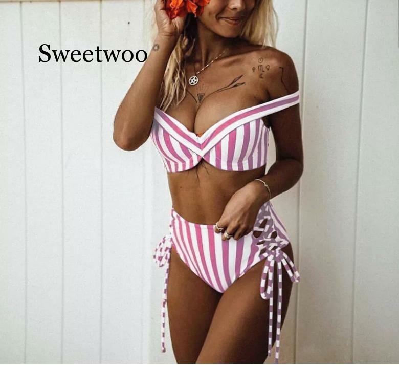 Sexy Striped Two Pieces Women Bikini Bra Sets Push Up Swimwear Bathers High Waist Beach Bikinis 2020 Bathing Suit