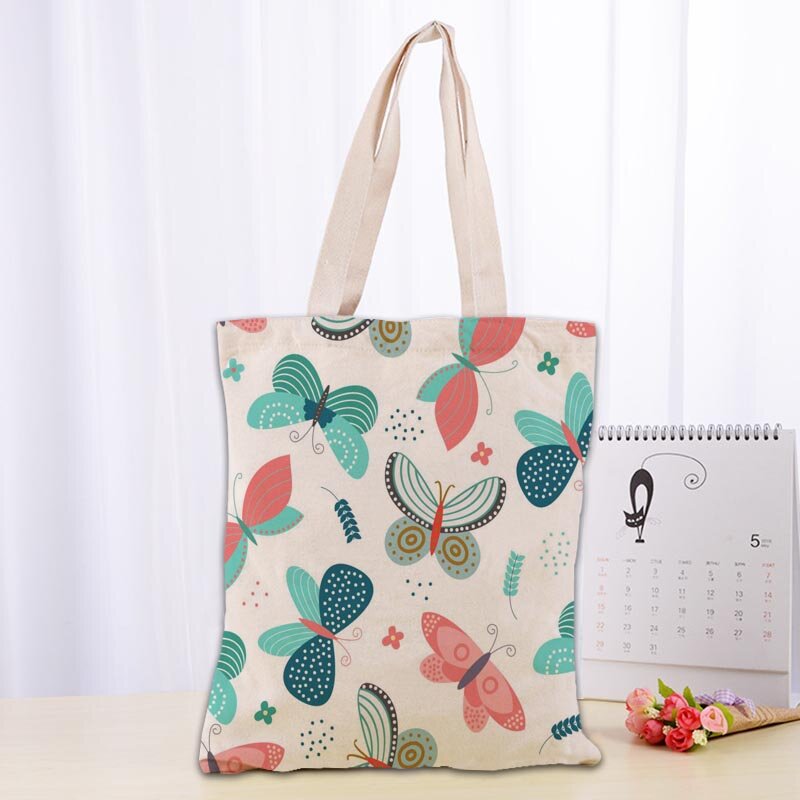 New Vector Butterflies Pattern Bag Foldable Shopping Bag Reusable Eco Large Unisex Canvas Fabric Shoulder Bag Tote 1009