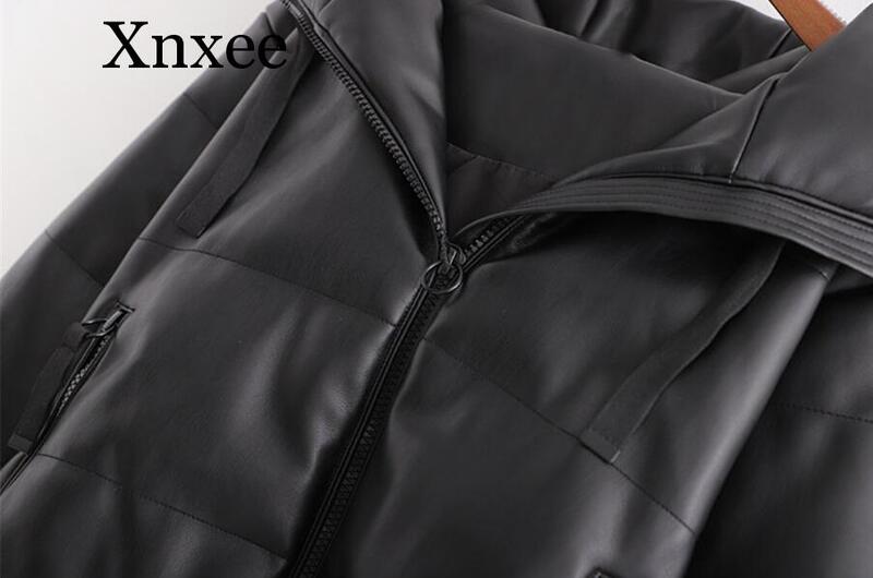 Abrigo de piel sintética con capucha para mujer, parka elegante de algodón con cremallera, color negro