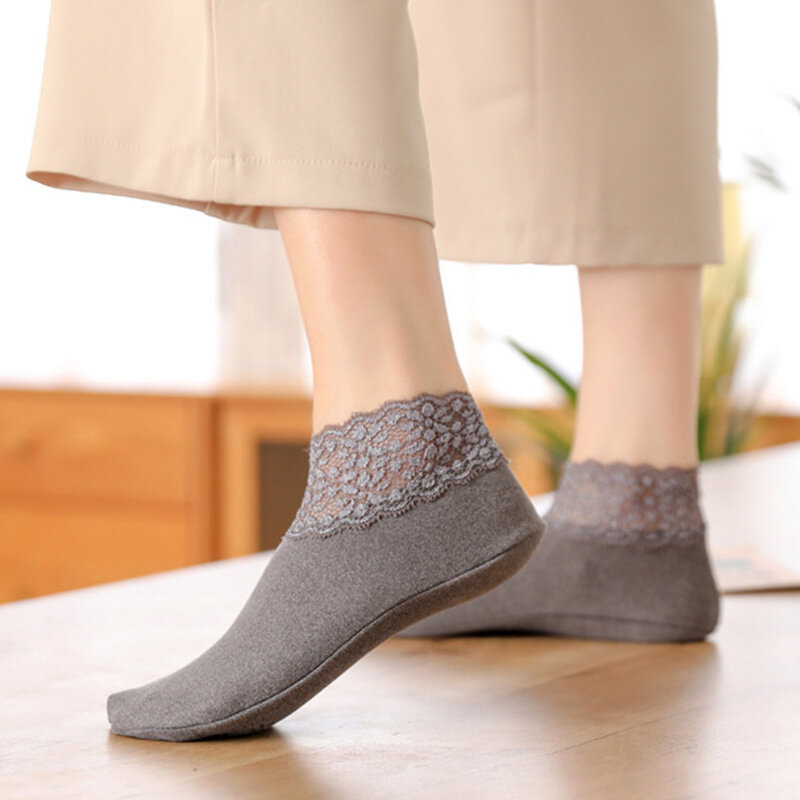 Women Lace Low Tube Thermal Socks Vintage Thick Plus Velvet Warm Home Floor Socks Autumn Winter Anti-slip Sock Slippers
