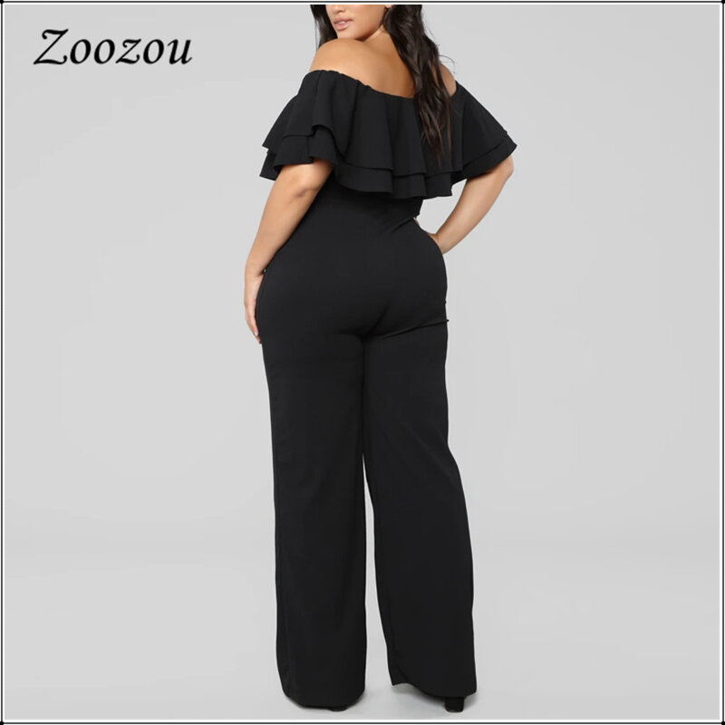 Macacão elegante com babado duplo, ombros de fora, plus size, perna larga, macacão solto, mulheres, preto, sem alças, elástico personalizado
