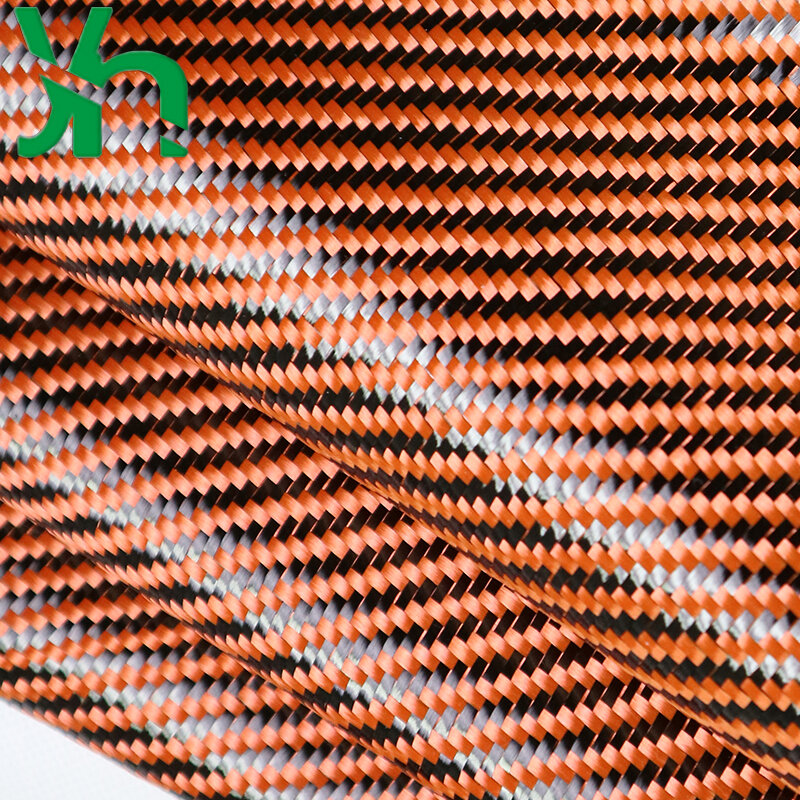 Tela mixta de Kevlar naranja y negro, 3k, 5x5, orang, 1500D, fibra de carbono 3K
