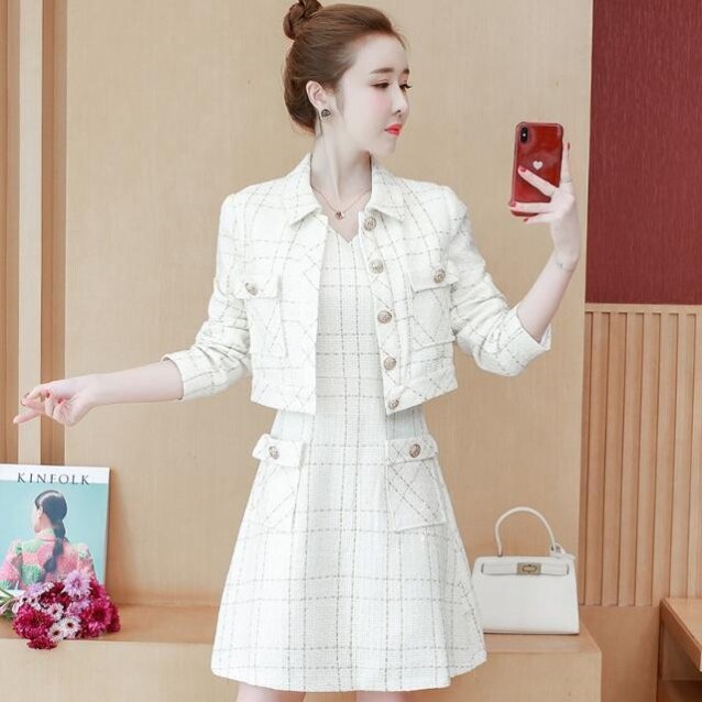 2022 coréia elegante 2 peças conjunto feminino xadrez tweed lapela manga longa jaqueta casaco + retro moda sem mangas a-line vestido terno