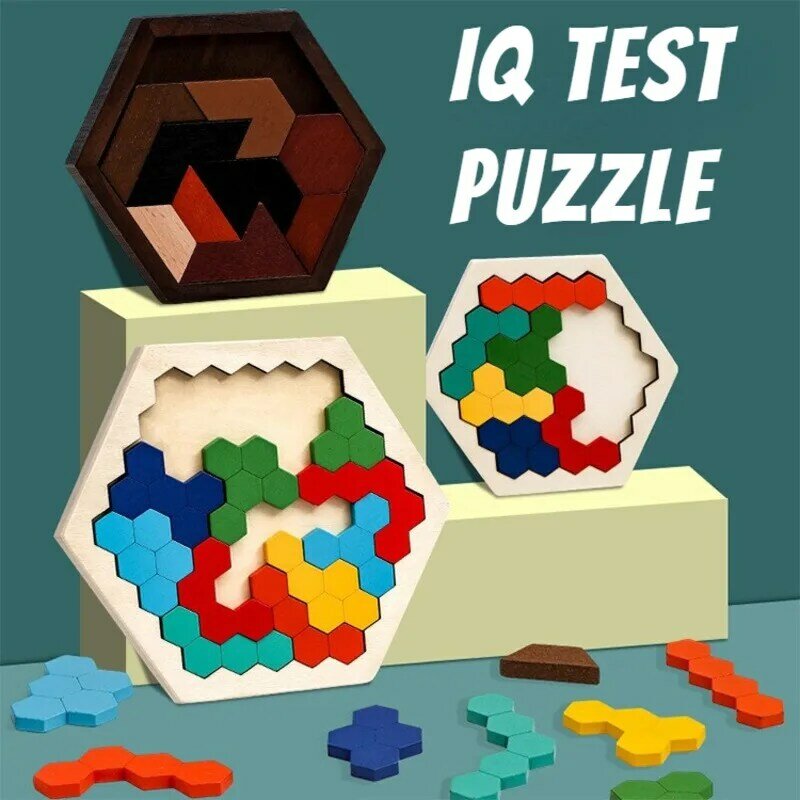 Sześciokątne drewniane puzzle IQ gra edukacyjne zabawki dla dzieci dzieci dorośli Tangram Board IQ łamigłówka zabawki Montessori prezenty