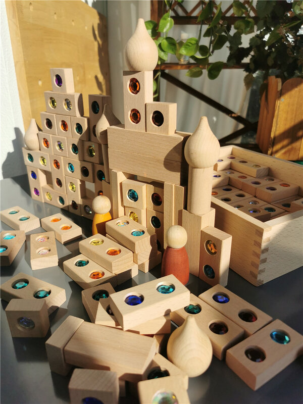 Dzieci akrylowe kamienie musujące drewniany kamień bloki uliczne drewno Montessori zabawka tęczowy kryształowy diament cegły budowlane