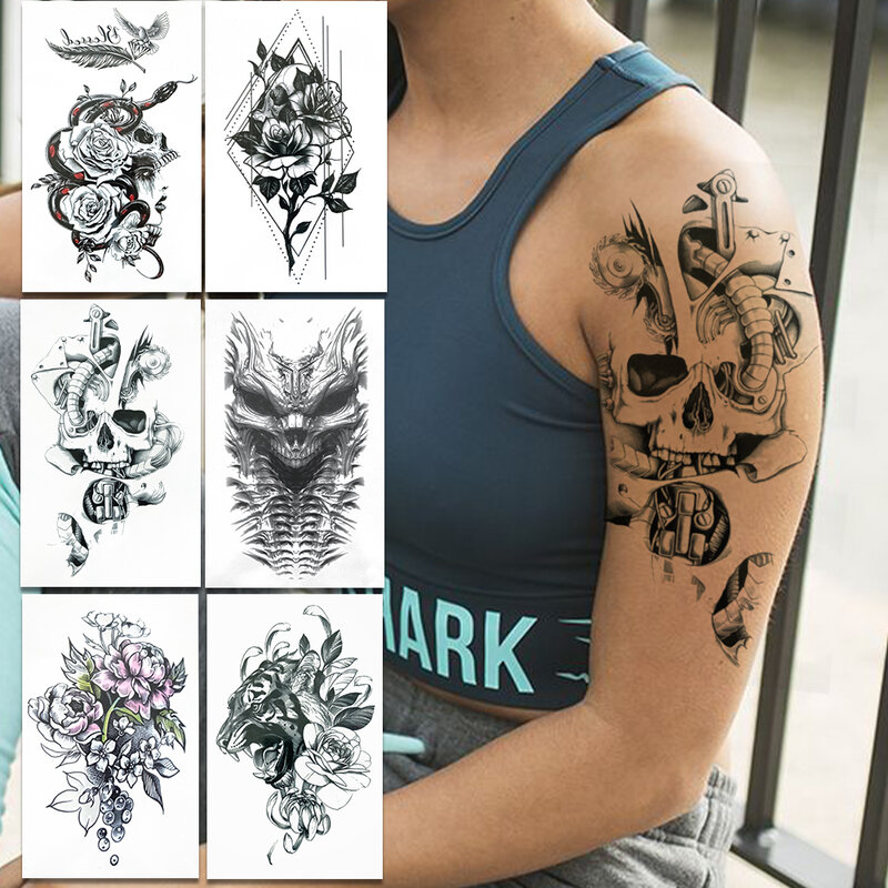 Death Skull Nep Tijdelijke Tatoeages Voor Vrouwen Mannen Geometrische Pioen Bloemen Tattoo Sticker Snake Rose Tiger Waterdichte Tatoos Taille