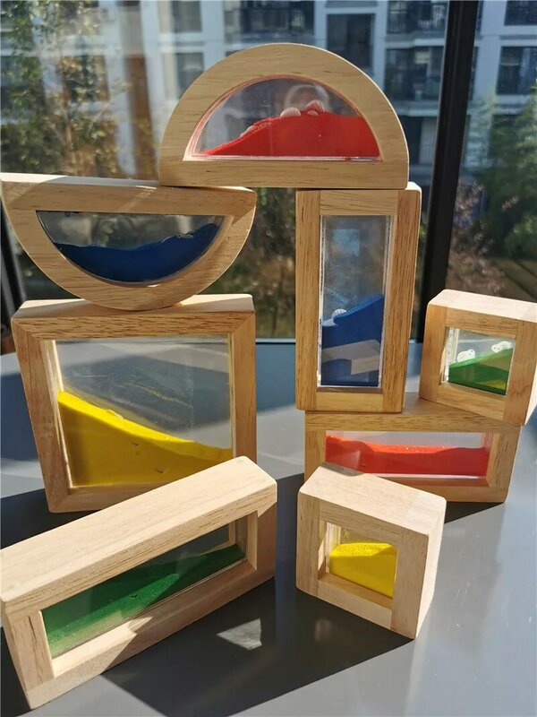 Juguetes de madera Montessori para niños, bloques sensoriales, cuentas líquidas, arena, goma, madera, apilamiento, acrílico, juego de construcción
