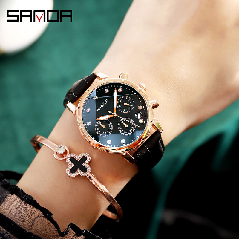 SANDA 2020 Women Watches High Quality Quartz Wristwatch Fashion Waterproof Leather Watches Clock Calendar relogio feminino
