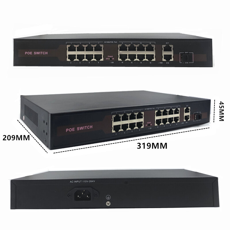 48V Ethernet POE 16 (100 M) + 2 (1000 M) + 1SFP พอร์ต IEEE 802.3 af/AT เหมาะสำหรับกล้อง IP/ไร้สาย APcamera ระบบ