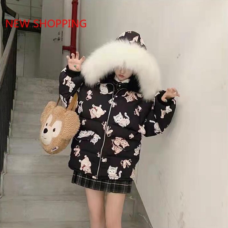 Mantel Katun Kawaii Manis Jepang Wanita Musim Dingin Ditambah Beludru Jaket Penebalan Jaket Pakaian Luar Salju Siswa Anak Perempuan Hitam