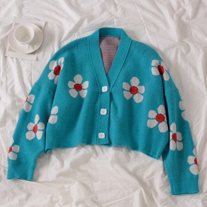 2021 Spring College Style Flower Print Knitted Doat Loose Retro V-neck Cute Light Green Sweater Cardigan Blouse Short Section