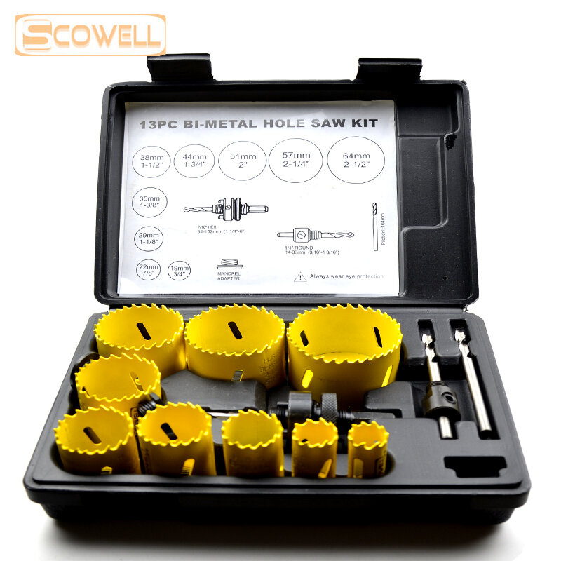 SCOWELL 13pcs Holesaw Blades Kit HSS Bimetal Hole Saw Bit Set Adjustable Crown Saw Cutter Metal Cutting Core Drill Bit DIY Tools