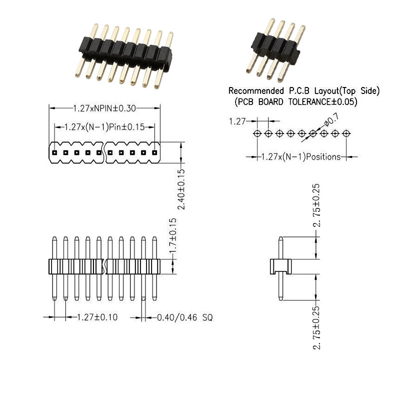단일 행 암수 플러그 소켓 분리형 PCB 보드 핀 헤더 커넥터, 1.27 스트립 핀헤더, 2P-50 핀, 1.27mm, 10 개