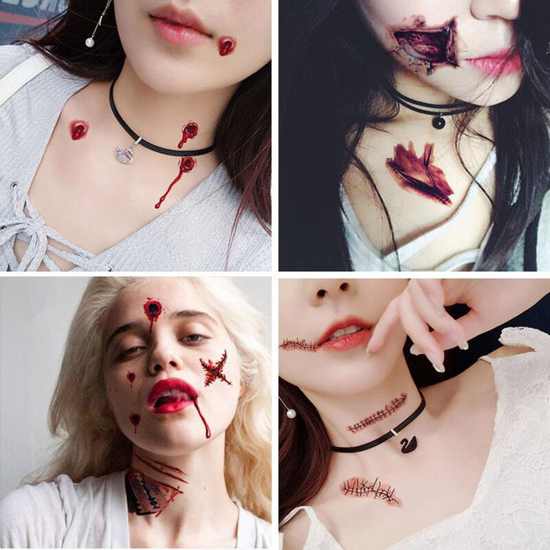Tatuajes de cicatrices de zombis para Halloween, calcomanías con maquillaje sangriento falso, decoración de heridas, pegatina de miedo para lesiones de sangre, 2/10 piezas