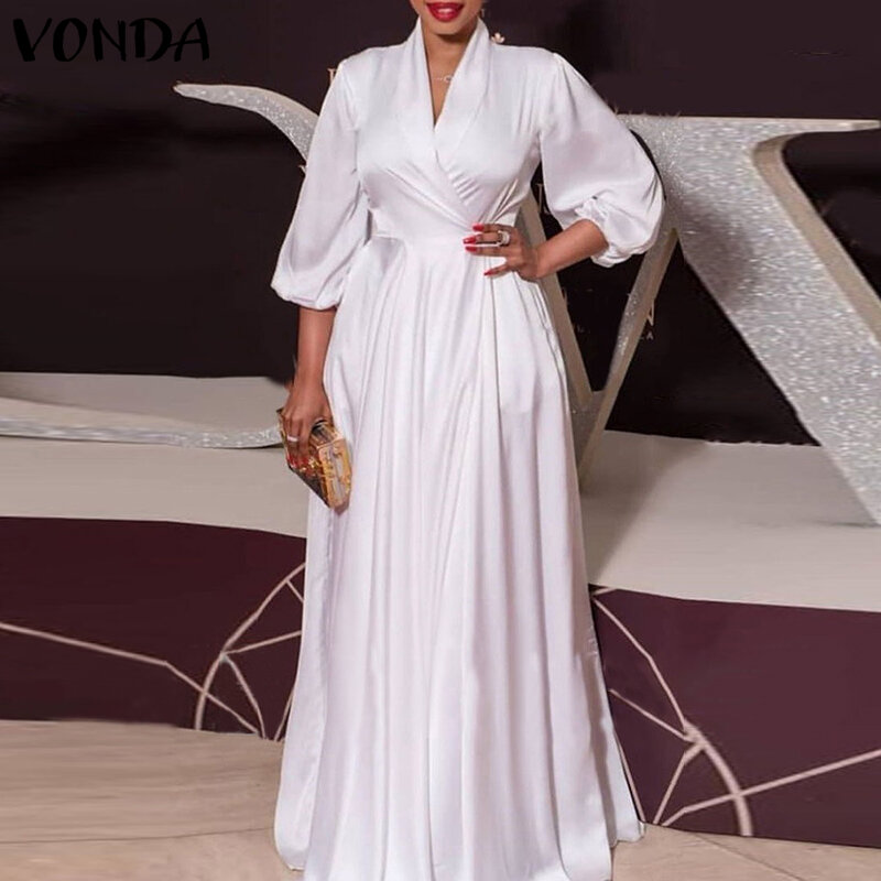 Размера плюс атласное серебристое платье 2023 VONDA сексуальное однотонное платье с V-образным вырезом и длинным рукавом богемное платье Свободный пляжный сарафан 5XL оверсайз