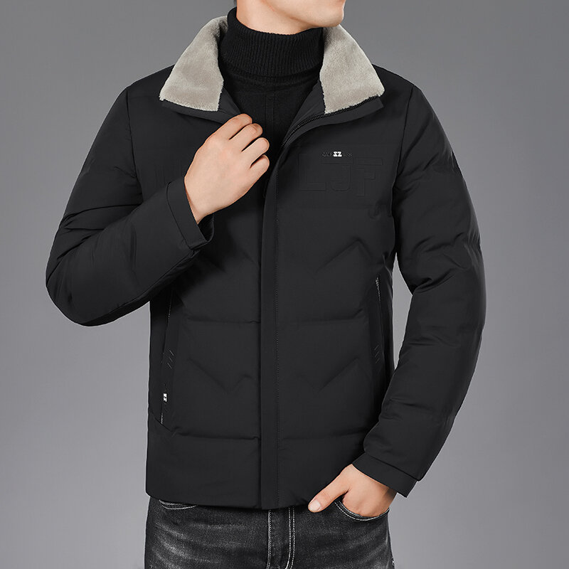 Lançamento casaco masculino estilo inverno, sobretudo quente com gola virada para baixo, zíper casual sólido de gola de lã